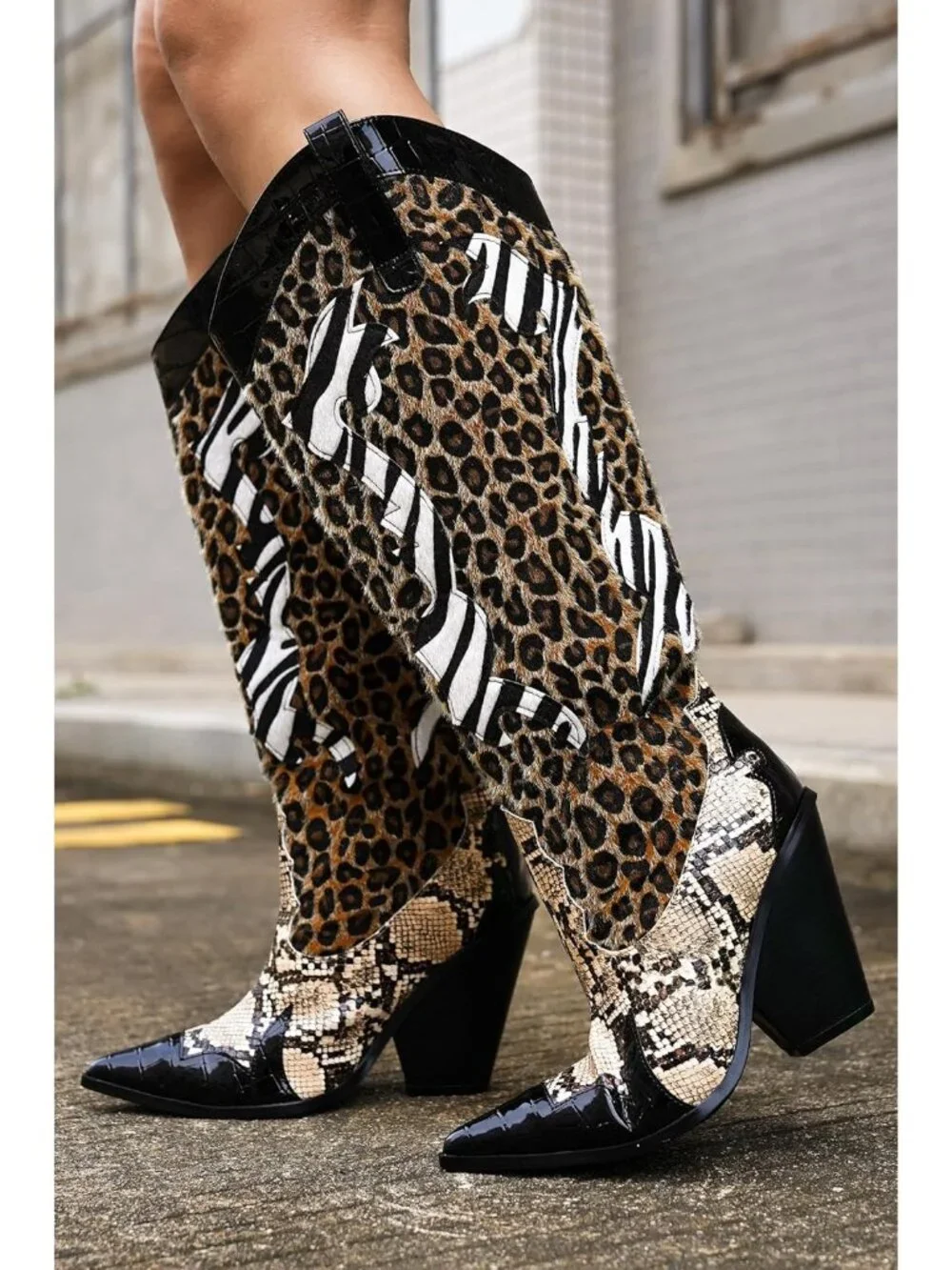 Women's Black Polyurethane Animal Print Pull-On Pointed Toe Over The Knee Boots - Picture 2 of 6